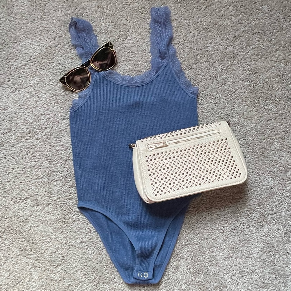 Blue Ribbed & Lace Bodysuit